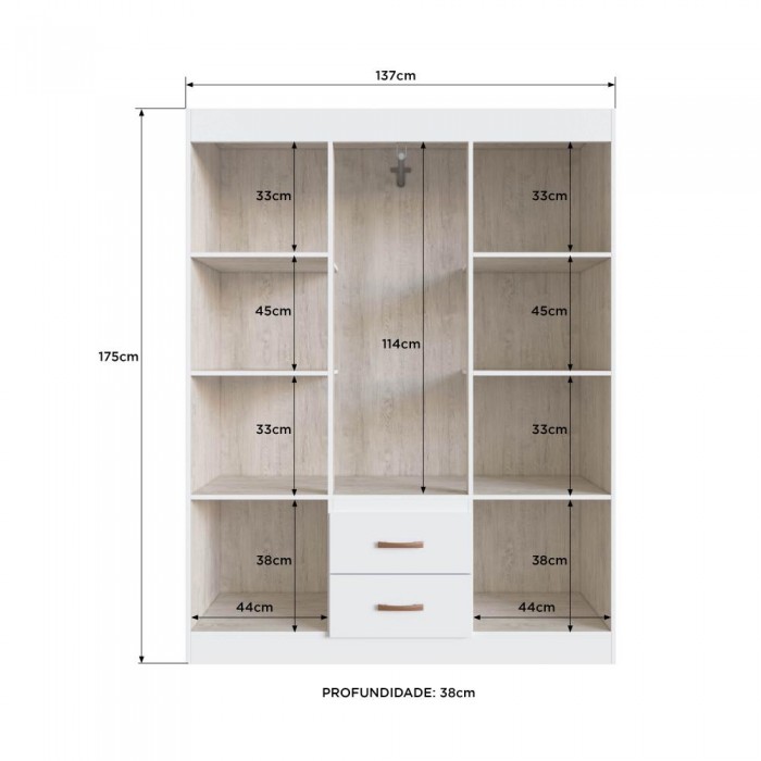 Guarda Roupa Sidney 50206 C/ Pé e Espelho - Off White/ Nogueira - REF.: 502061-72