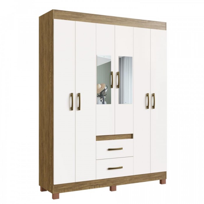 Guarda Roupa Sidney 50206 C/ Pé e Espelho - Off White/ Nogueira - 502061-72