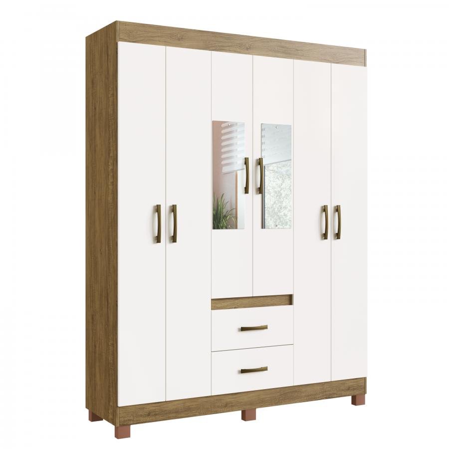 Guarda Roupa Montevidéu 10206 C/ Pé e Espelho - Off White/ Nogueira - 102061-72