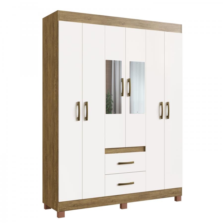 Guarda Roupa Rivera 30206 C/ Pé e Espelho - Off White/ Nogueira - 302061-72