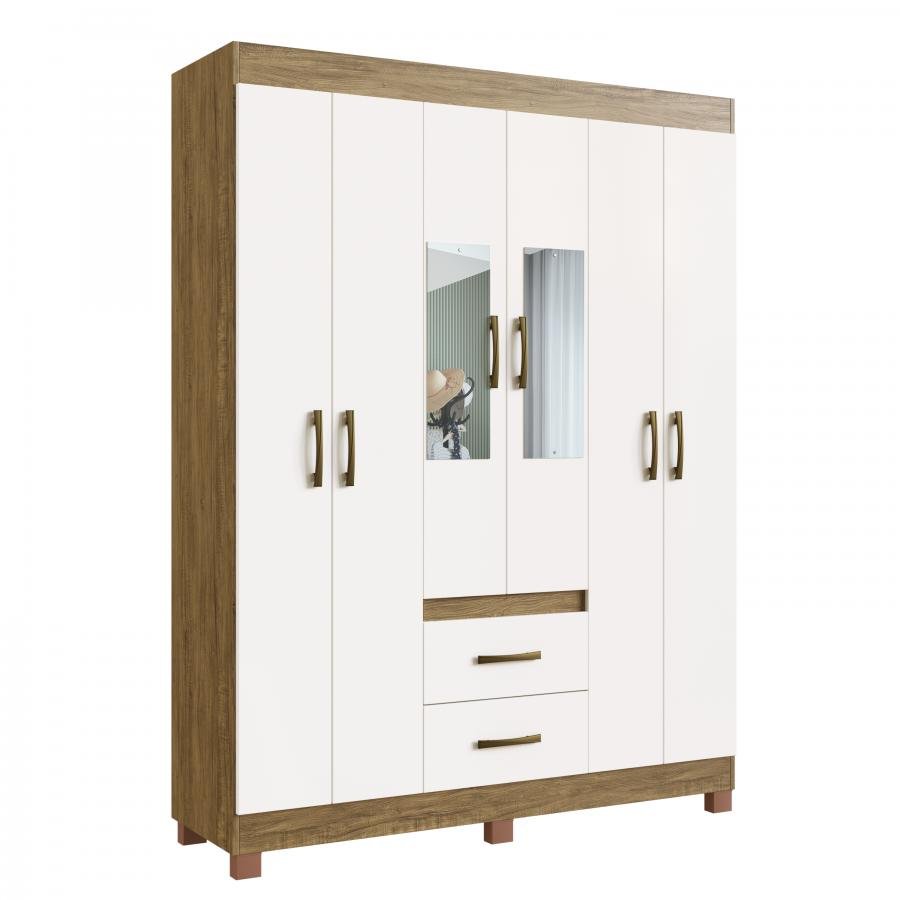 Guarda Roupa Sidney 50206 C/ Pé e Espelho - Off White/ Nogueira - 502061-72